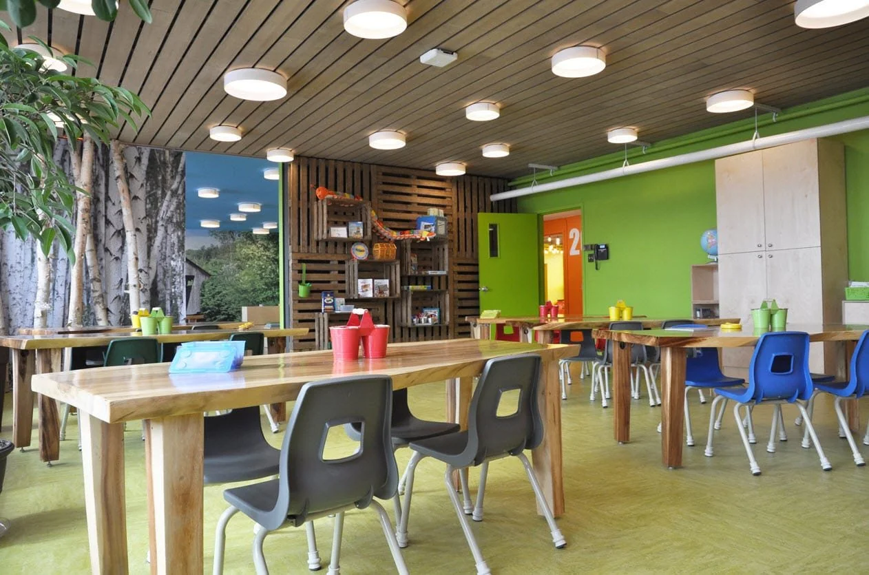 Colorful classroom with wooden tables, blue and gray chairs, green and orange walls, a bookshelf, and a mural of trees on the wall.