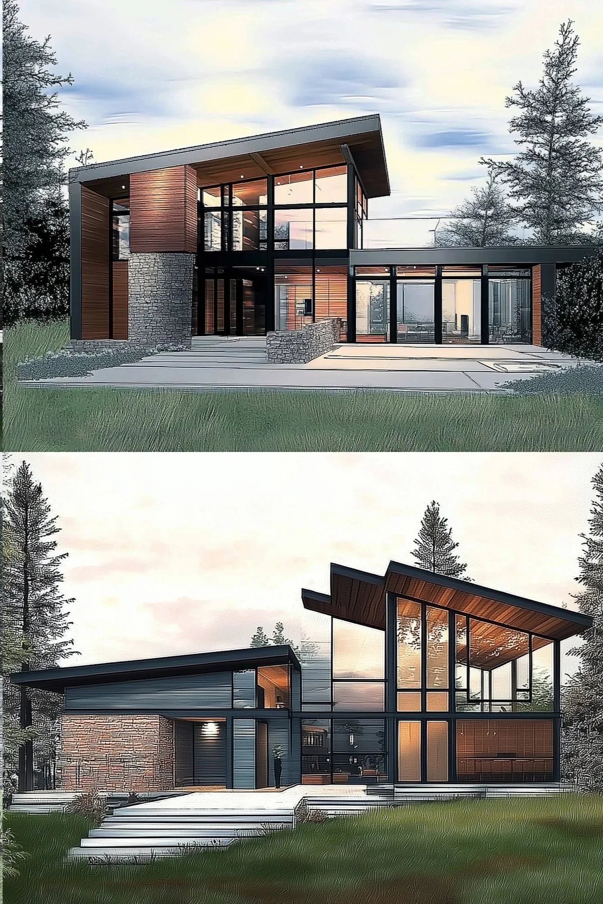 Modern two-story house with large glass windows, wooden, stone, and metal exterior, set in a grassy yard with trees, under a cloudy sky.