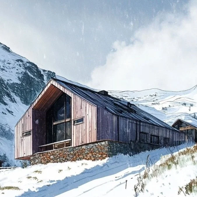 A modern wooden house built on a stone foundation in a snowy mountainous setting, with snow-covered hills and a cloudy sky in the background.