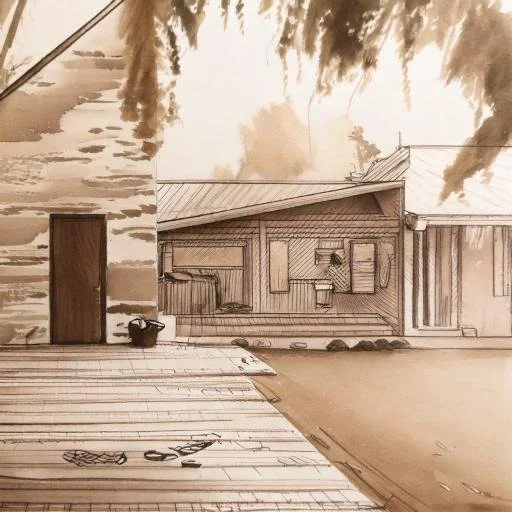 A detailed sepia-toned illustration of a house exterior with a wooden porch, a bucket, and tools on the ground, with trees and sky in the background.