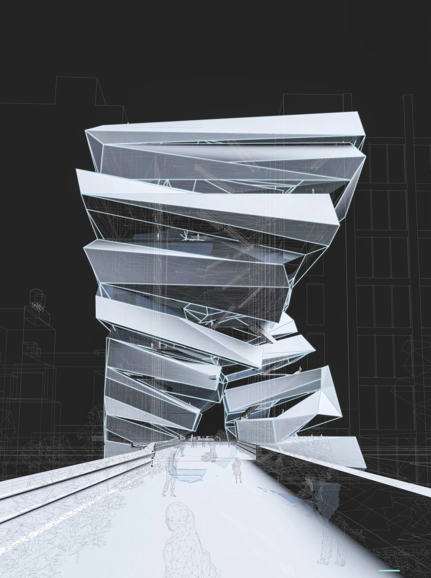 A futuristic architectural rendering of a twisting, multi-level building with angular, illuminated white panels on a dark background.