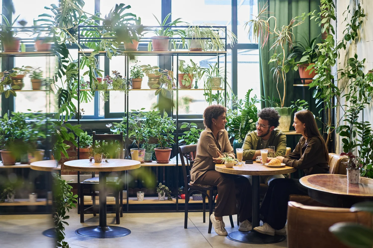 Three friends sitting at a round table in a bright, plant-filled café, engaging in conversation. The café has large windows, a variety of potted plants on shelves and around the room, and sunlight streaming in.