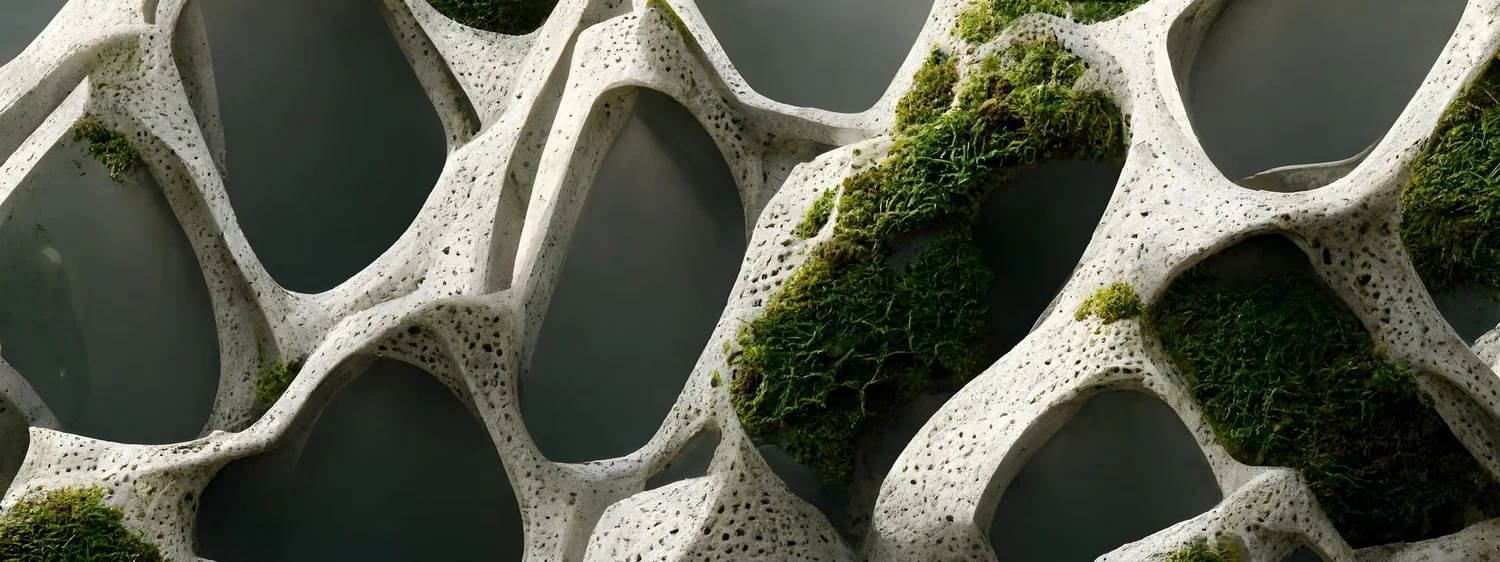 Close-up of a modern architectural structure with interconnected concrete frames covered with patches of green moss.