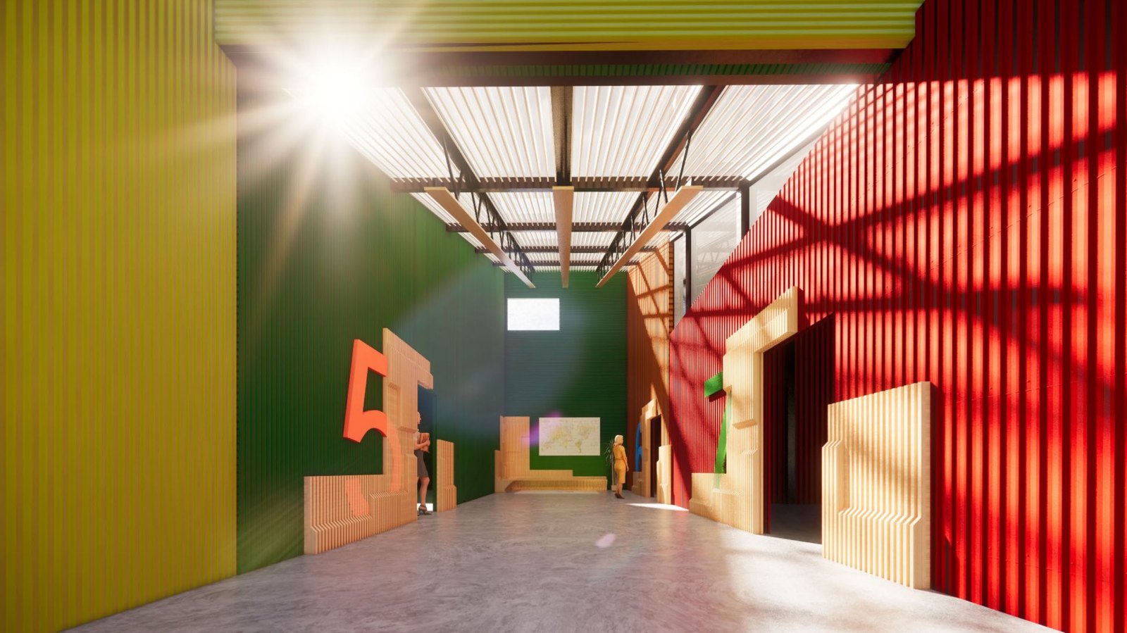 Daylight and timber in a colored corridor, ABC Stewart Montessori School proposal